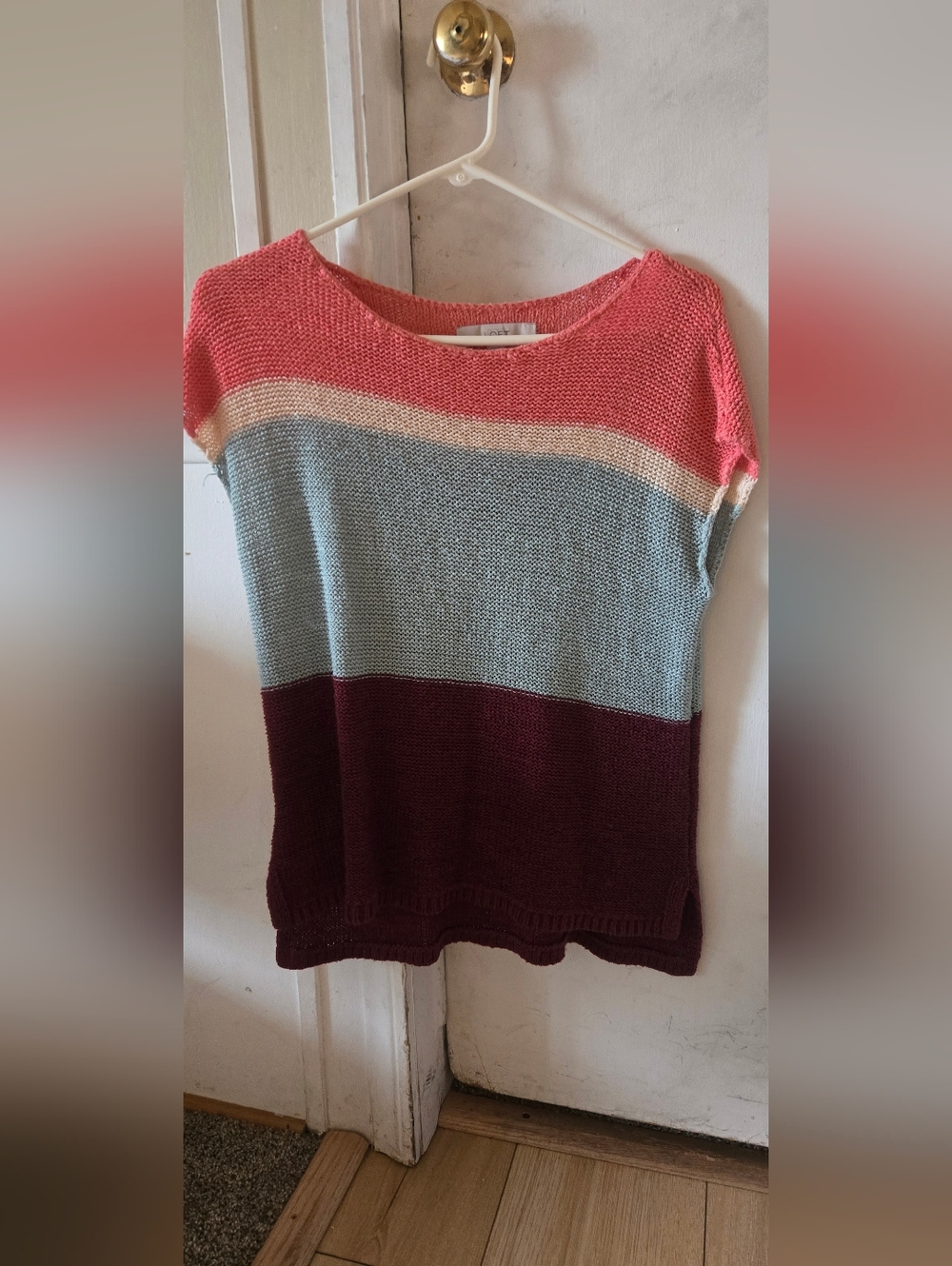 Striped Colorblock Knit Sweater - Coral, Light Blue, Cream & Burgundy
